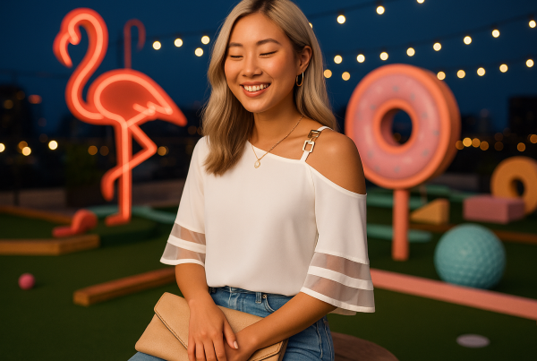 AI Model : A 22-year-old East Asian woman with shoulder-length platinum hair faces away, seated at a rooftop mini-golf lounge, surrounded by oversized neon sculptures and playful pastel props.