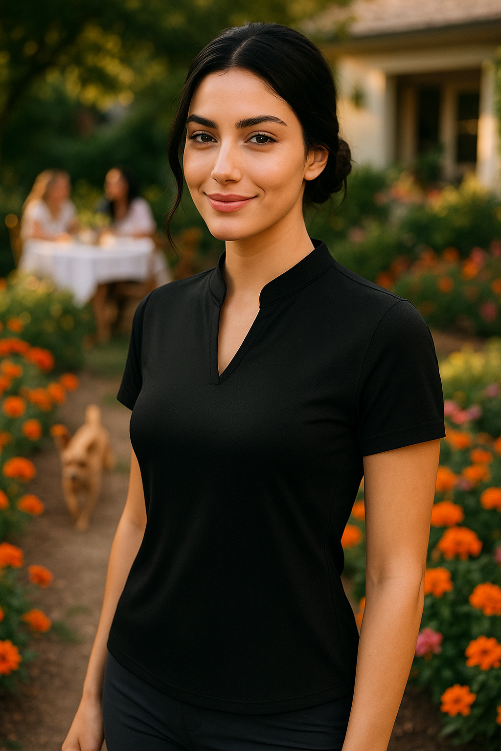 Black women's golf polo shirt, v-neck, collarless, short sleeve—styled with cap and golf glove