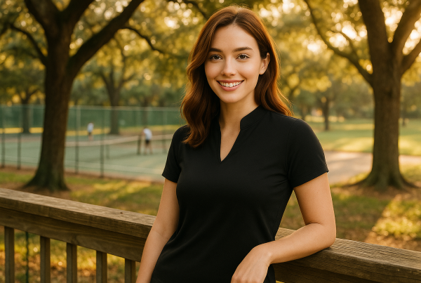 AI Model : Shoulder-length auburn hair, Obla V-neck golf polo, perched on wooden fence overlooking leafy public tennis courts, friends playing below, sun filtering through tall oak trees in peaceful suburban park.