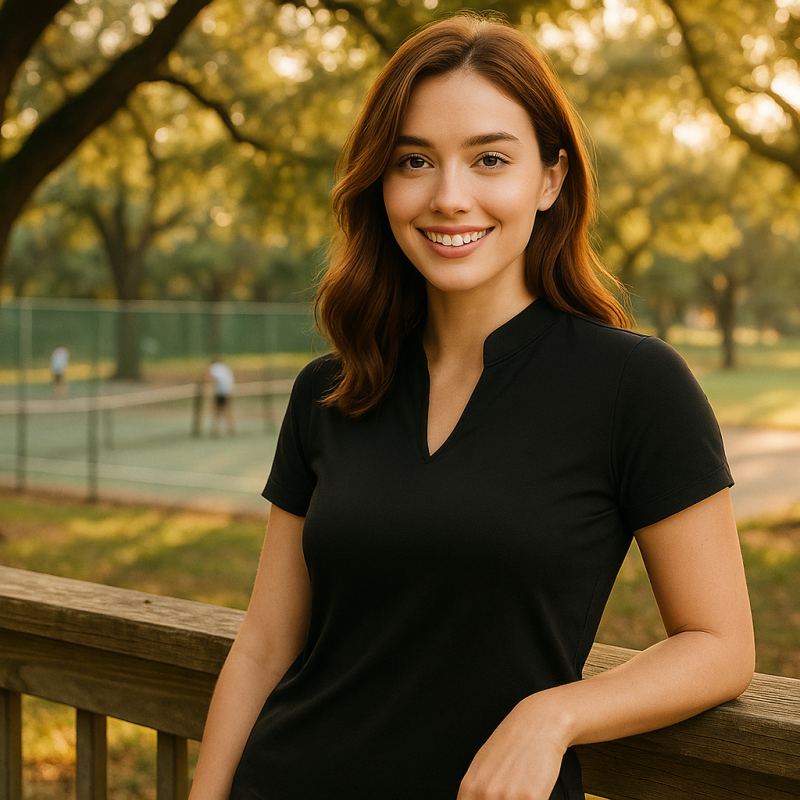 AI Model : Shoulder-length auburn hair, Obla V-neck golf polo, perched on wooden fence overlooking leafy public tennis courts, friends playing below, sun filtering through tall oak trees in peaceful suburban park.