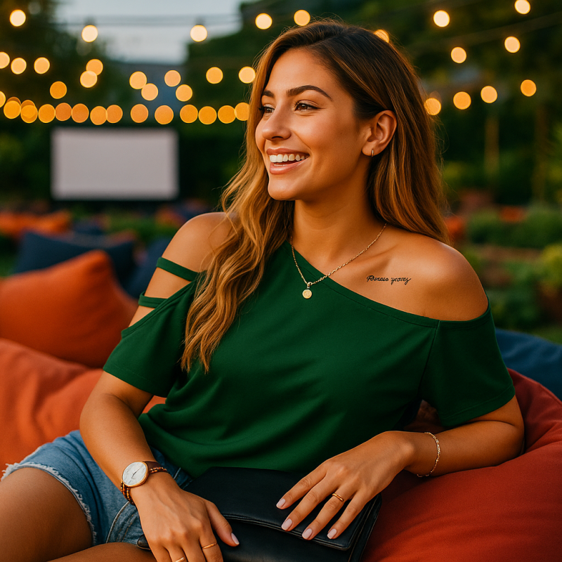 AI Model : A 22-year-old Middle Eastern woman with long, honey-blonde beach waves faces right, lounging on vibrant bean bags at a chic rooftop garden cinema, fairy lights twinkling overhead.