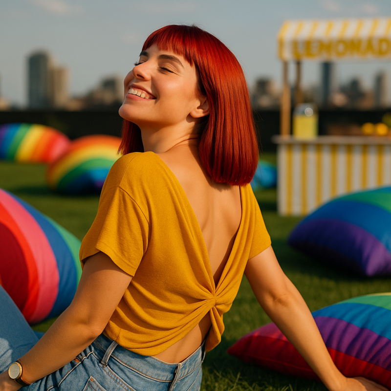 AI Model : A 22-year-old white woman with straight, cherry-red hair in a blunt cut gazes upward, reclining on a grassy rooftop dotted with oversized rainbow beanbags and a pop-up lemonade bar.