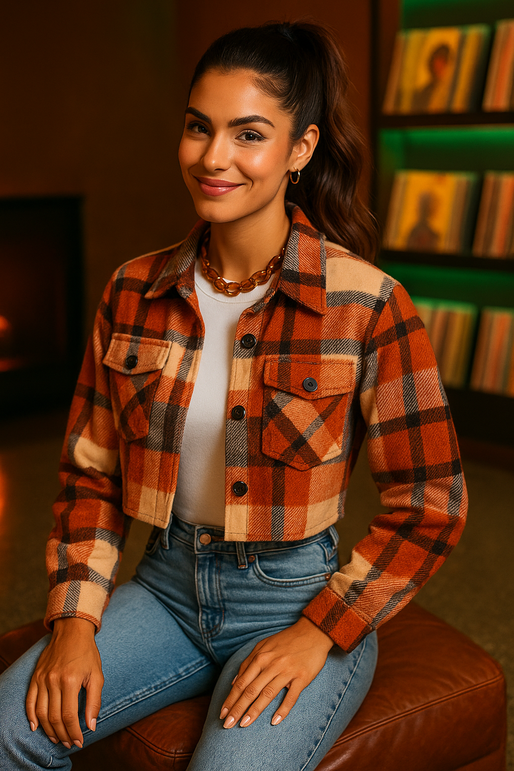 AI Model in plaid cropped shacket, fall fireplace vibes
