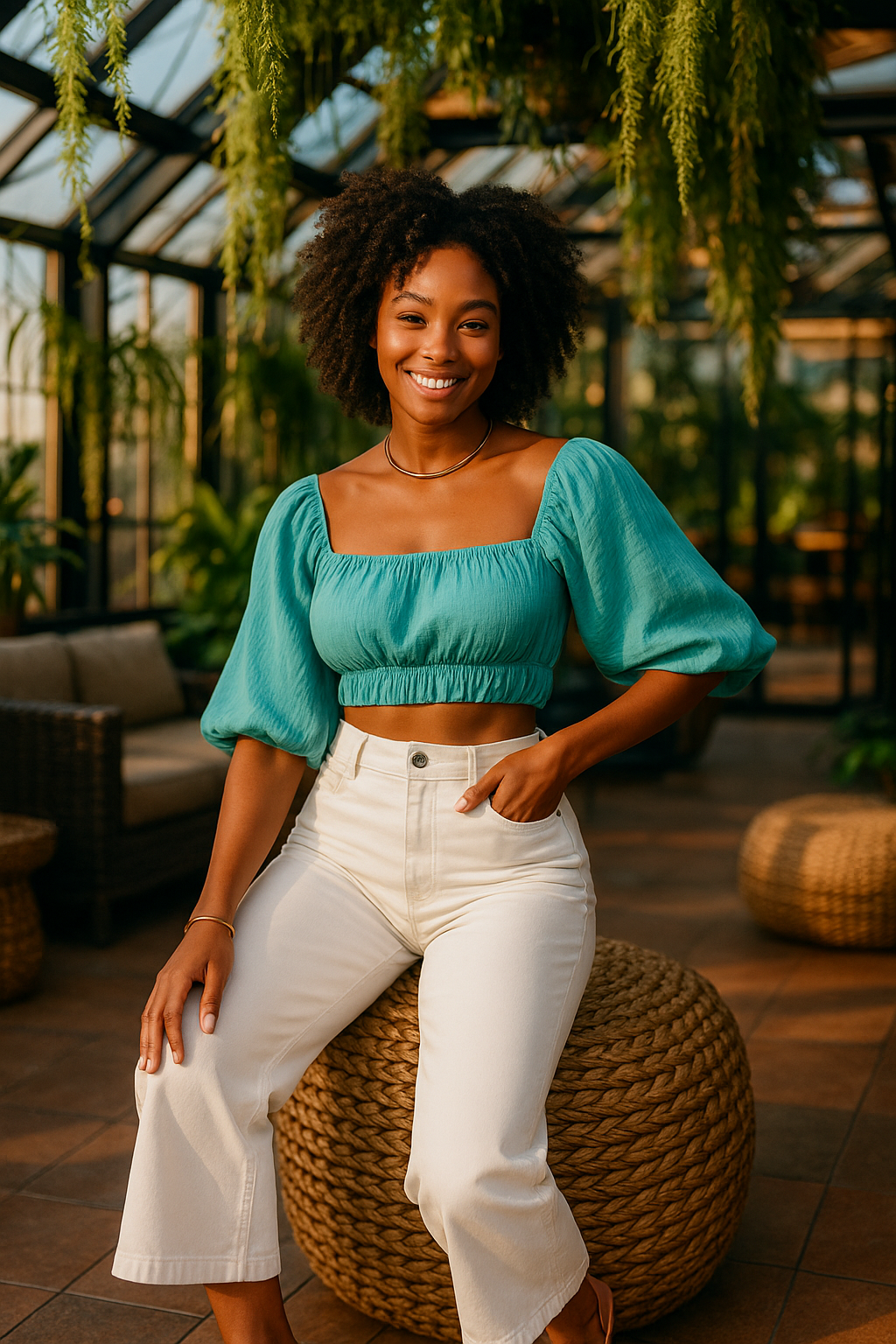 AI Model in wide-leg cropped white jeans, greenhouse chic magic