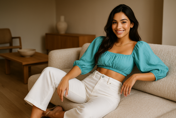 AI Model : Modern Scandinavian living room with pale oak floors, olive-skinned woman in white cropped wide-leg jeans, long dark hair, wears minimalist gold link necklace, curled on textured boucle sofa.