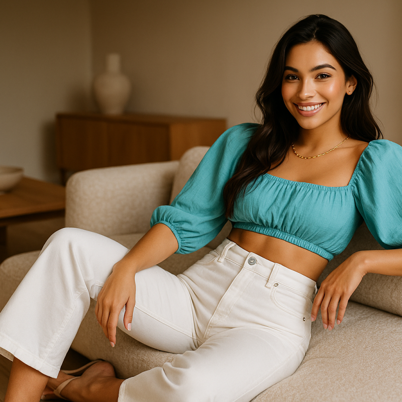 AI Model : Modern Scandinavian living room with pale oak floors, olive-skinned woman in white cropped wide-leg jeans, long dark hair, wears minimalist gold link necklace, curled on textured boucle sofa.