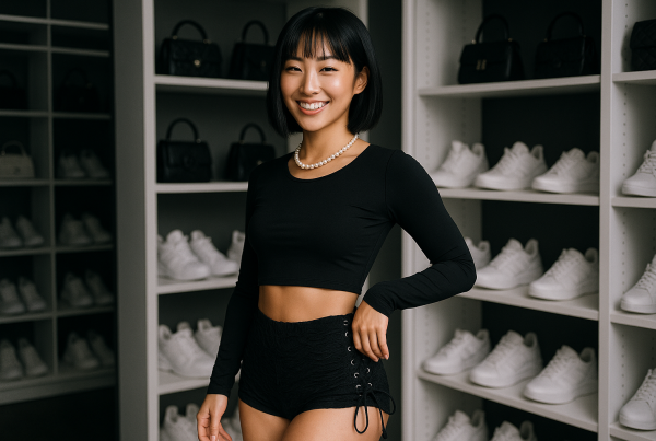 AI Model : Trendy monochrome walk-in closet, white shelves lined with sneakers and mini bags, East Asian woman in black lace-up shorts, blunt bob haircut, layered pearl necklace.