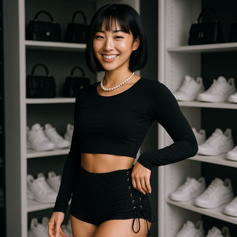 AI Model : Trendy monochrome walk-in closet, white shelves lined with sneakers and mini bags, East Asian woman in black lace-up shorts, blunt bob haircut, layered pearl necklace.