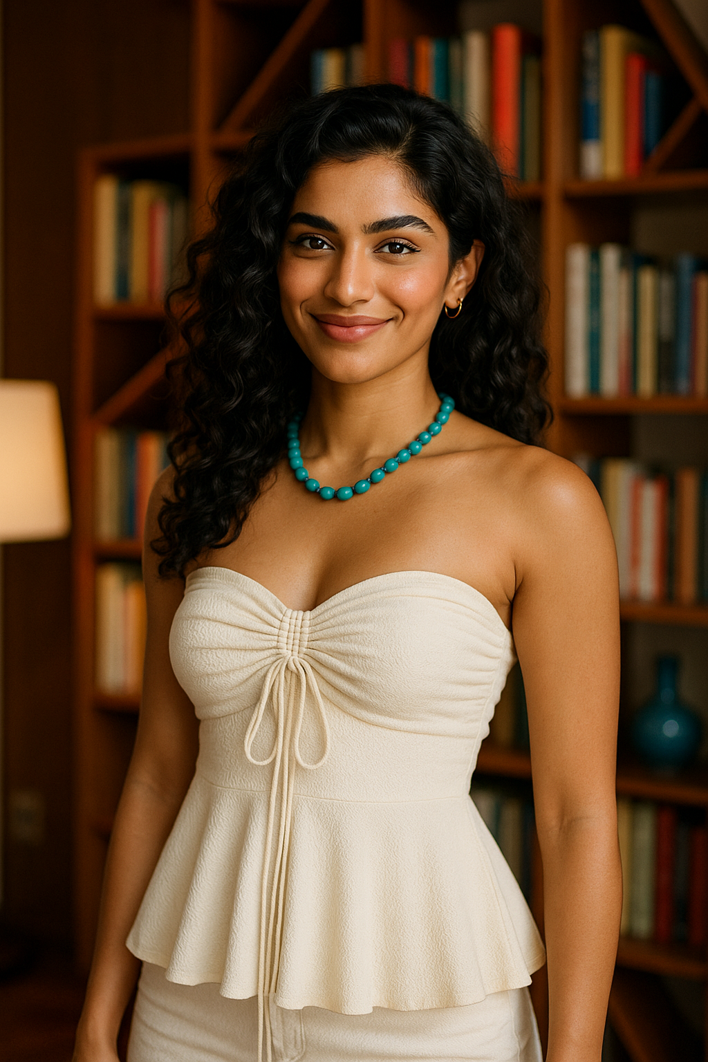 Model in cream tie-front peplum tube top, styled in a cozy chic space