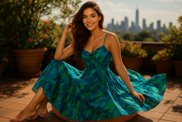 AI Model : Seated on a sun-dappled rooftop garden, city skyline in the far distance, she lounges barefoot on a cozy woven pouf, vibrant floral dress catching the breeze.