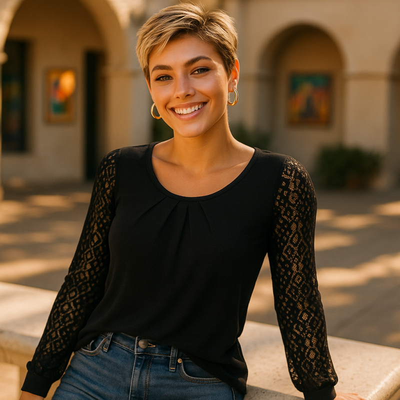 AI Model : On a sun-drenched art gallery courtyard, she leans casually against a white stone bench, pixie-cut blonde hair, wearing chunky gold hoop earrings.