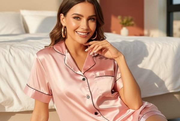 AI Model : Golden sunlight fills a modern bedroom, terracotta accent wall behind a plush bed. She lounges on a faux fur rug, pink silk pajamas gleaming, oversized gold hoop earrings.