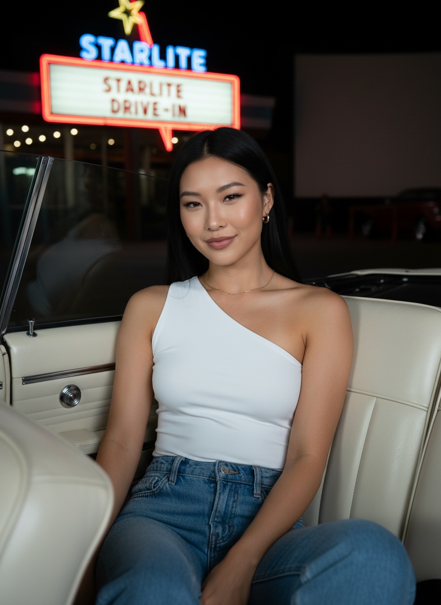 Y2K one-shoulder ruched top styled for summer nights, full-body view