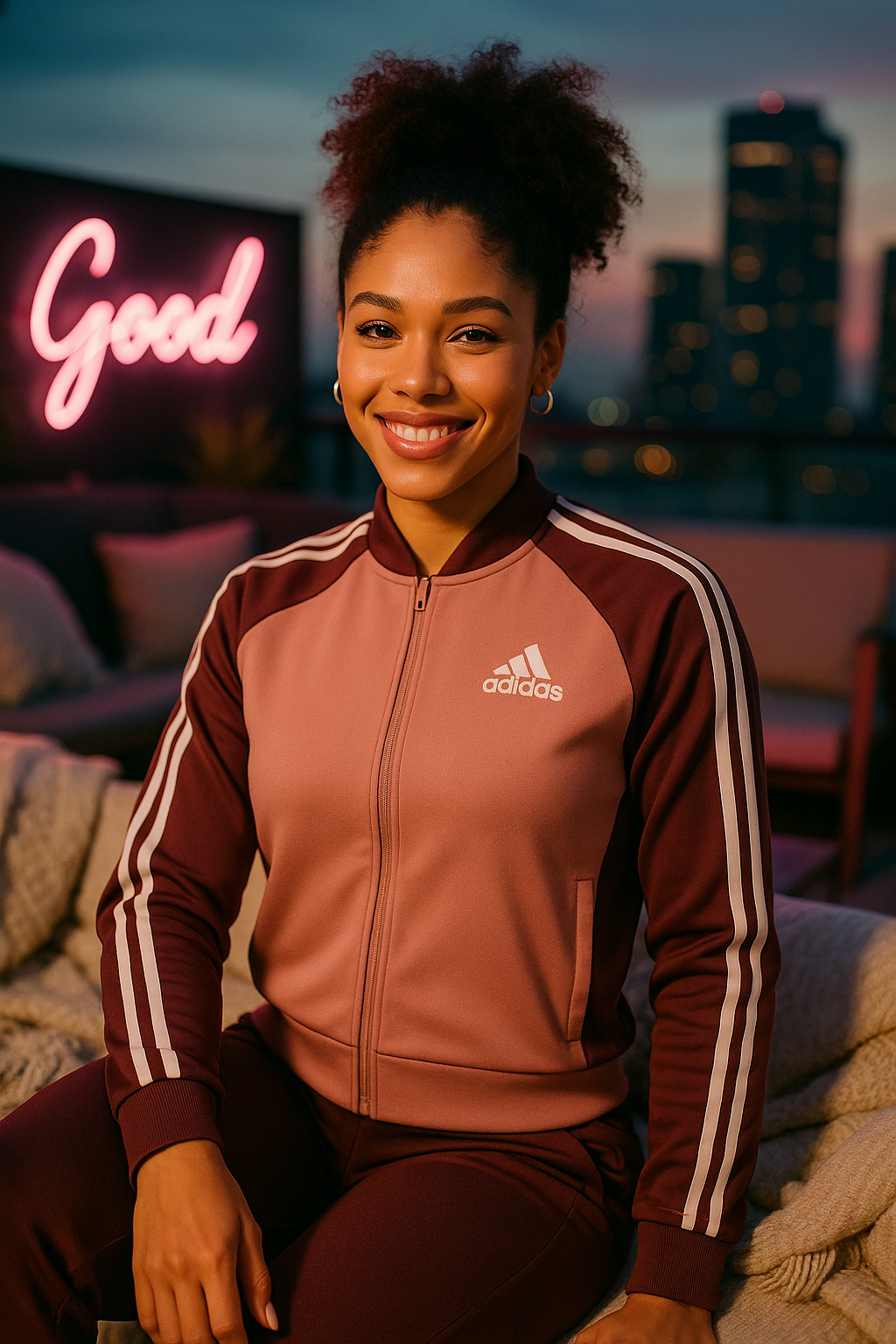 Three-stripe color block track jacket styled on rooftop at dusk, femfashn virtual influencer 